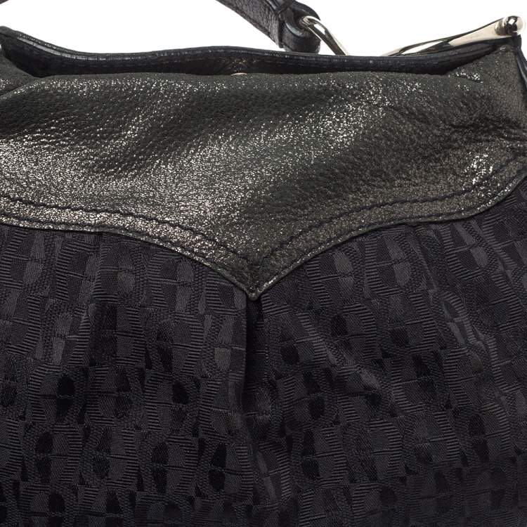 Pre Owned Aigner Black Signature Canvas and Shimmer Nubuck Leather Logo Handle Hobo