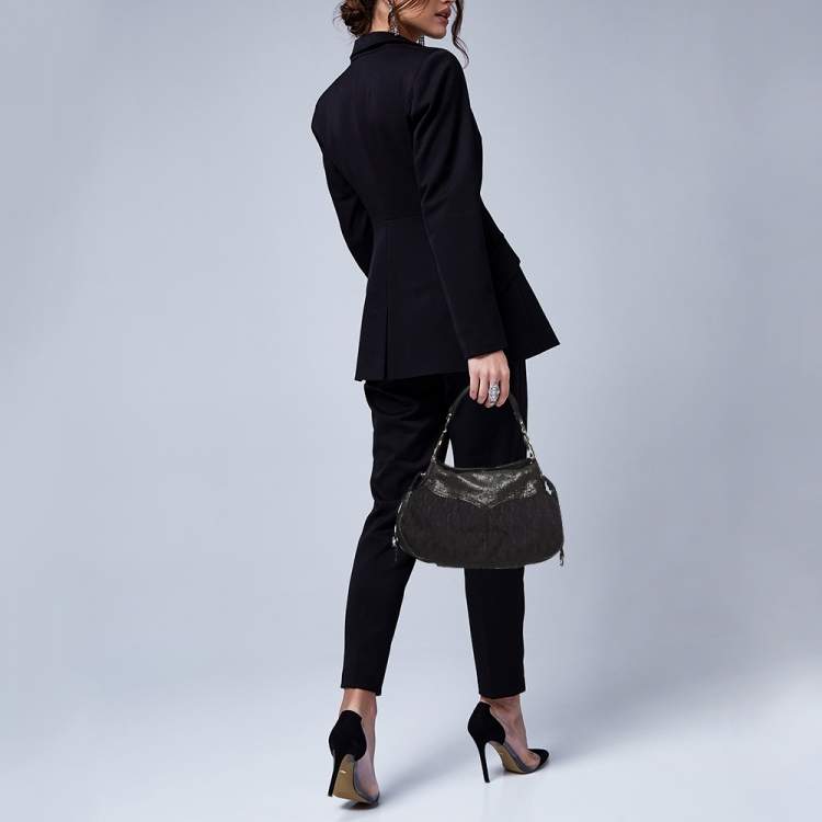 Pre Owned Aigner Black Signature Canvas and Shimmer Nubuck Leather Logo Handle Hobo
