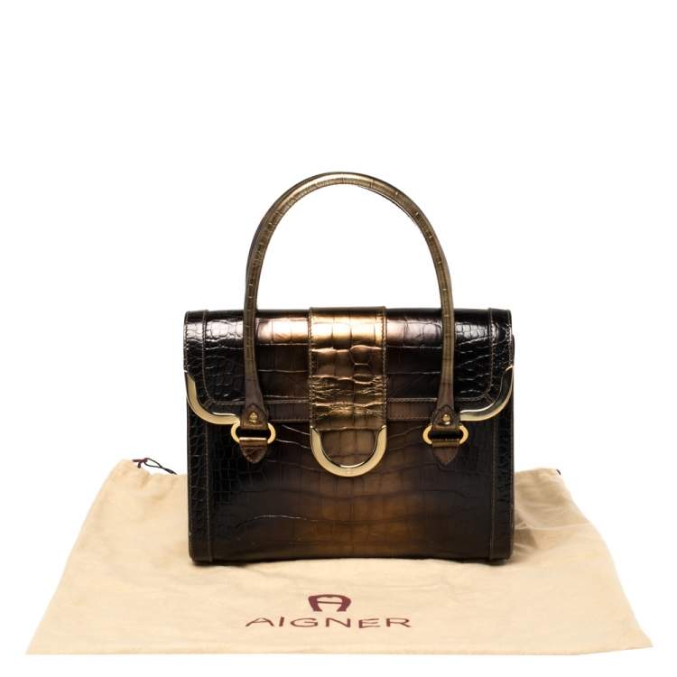 Pre Owned Aigner Brown Ombre Croc Embossed Leather Metal Bar Flap Tote