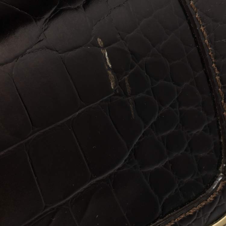 Pre Owned Aigner Brown Ombre Croc Embossed Leather Metal Bar Flap Tote