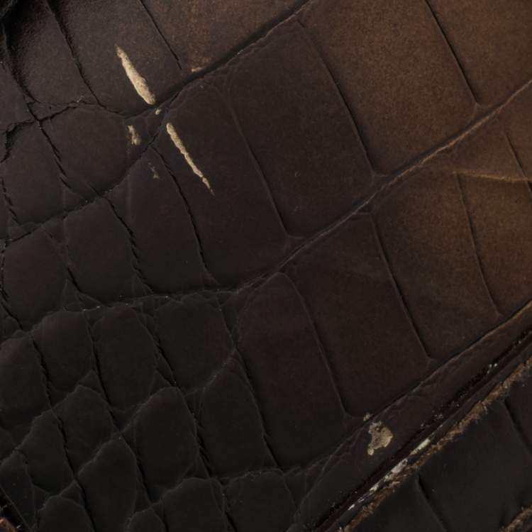 Pre Owned Aigner Brown Ombre Croc Embossed Leather Metal Bar Flap Tote