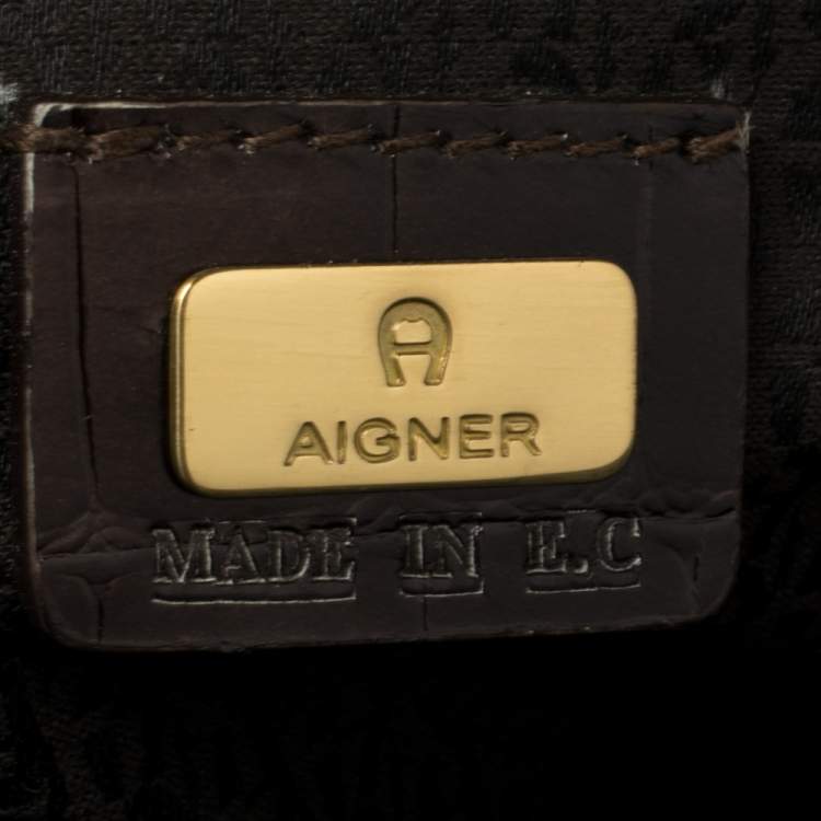 Pre Owned Aigner Brown Ombre Croc Embossed Leather Metal Bar Flap Tote