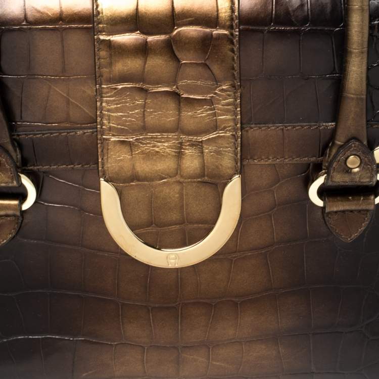 Pre Owned Aigner Brown Ombre Croc Embossed Leather Metal Bar Flap Tote