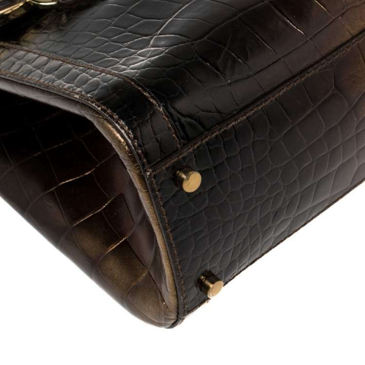 Pre Owned Aigner Brown Ombre Croc Embossed Leather Metal Bar Flap Tote