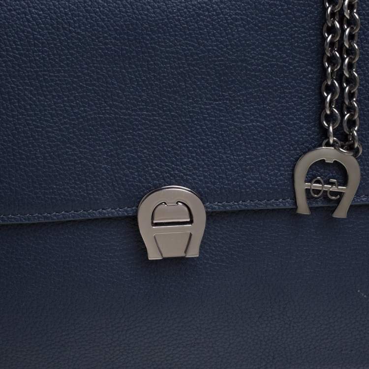 Pre Owned Aigner Navy Blue Leather Genevova Top Handle Bag