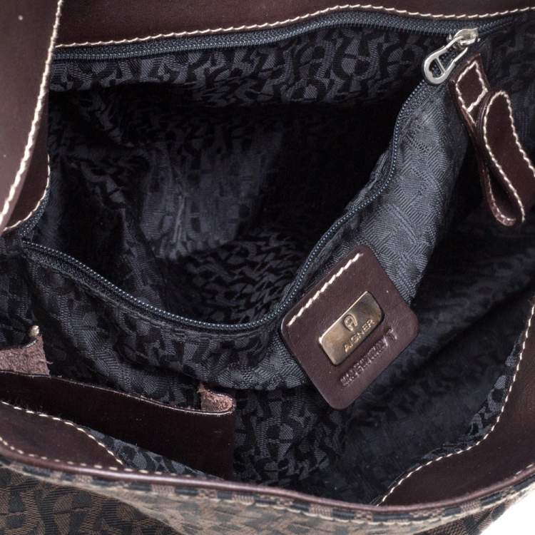 Pre Owned Aigner Dark Brown Signature Canvas and Leather Buckle Flap Shoulder Bag