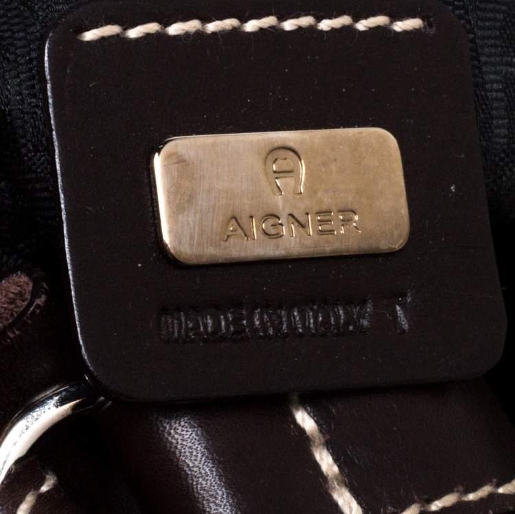 Pre Owned Aigner Dark Brown Signature Canvas and Leather Buckle Flap Shoulder Bag