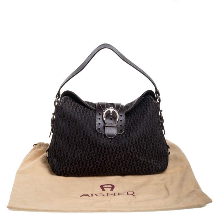 Pre Owned Aigner Dark Brown Signature Canvas and Leather Buckle Flap Shoulder Bag