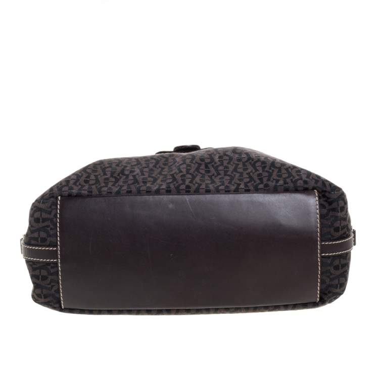 Pre Owned Aigner Dark Brown Signature Canvas and Leather Buckle Flap Shoulder Bag