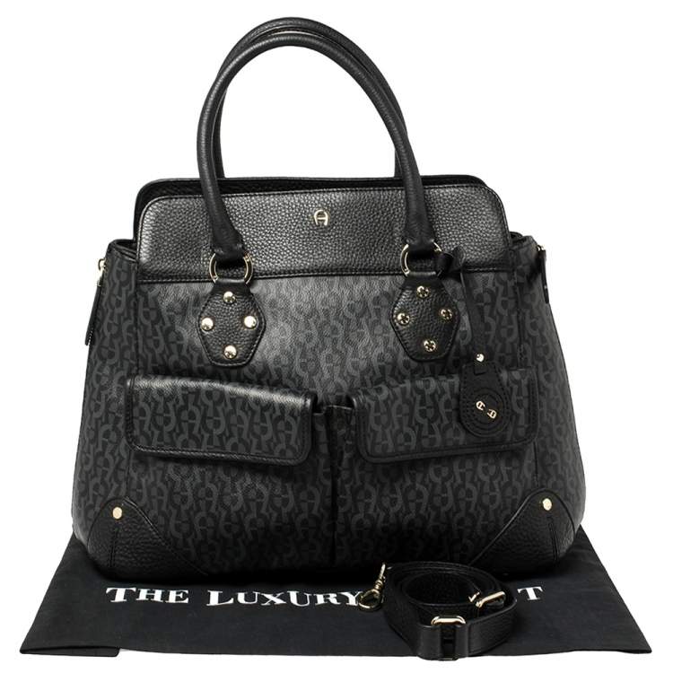 مملوكة مسبقًا Aigner Black/Grey Signature Coated Canvas and Leather Satchel