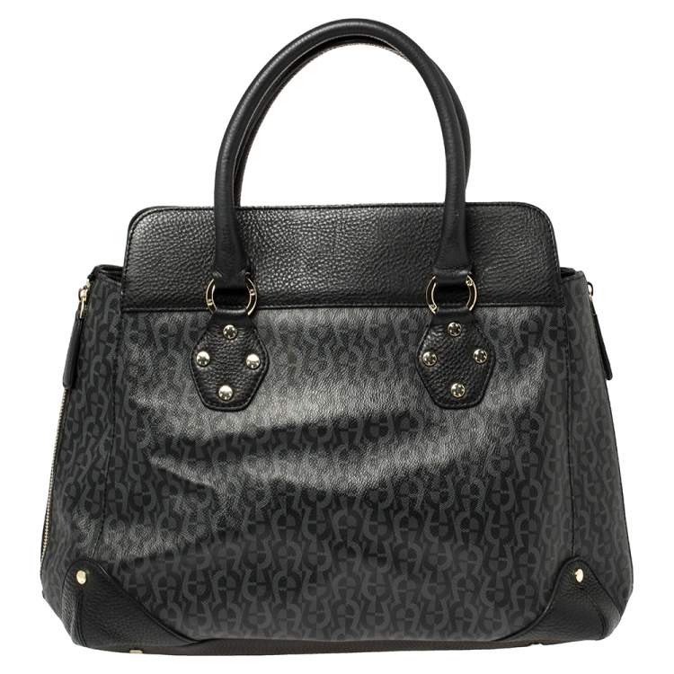 مملوكة مسبقًا Aigner Black/Grey Signature Coated Canvas and Leather Satchel
