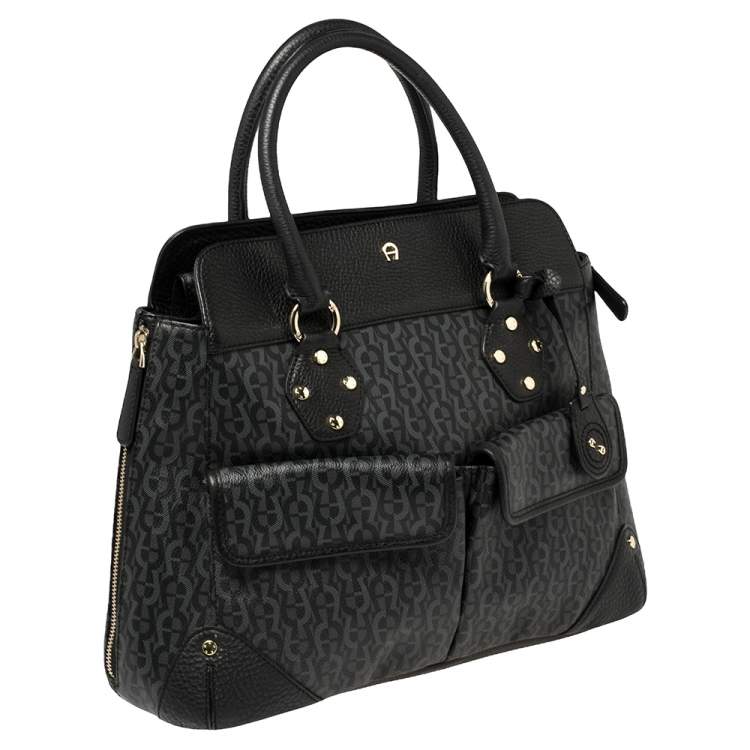 مملوكة مسبقًا Aigner Black/Grey Signature Coated Canvas and Leather Satchel