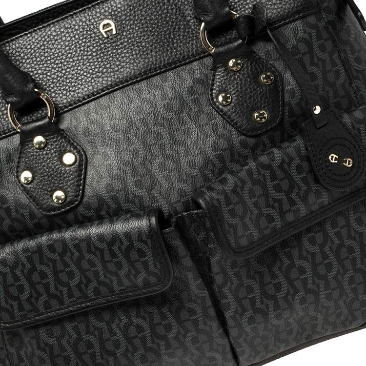 مملوكة مسبقًا Aigner Black/Grey Signature Coated Canvas and Leather Satchel