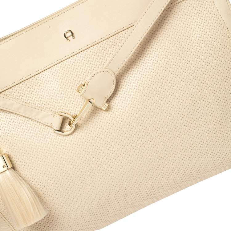 Pre Owned Aigner Beige Leather Woven Detail Cavallina Top Handle Bag