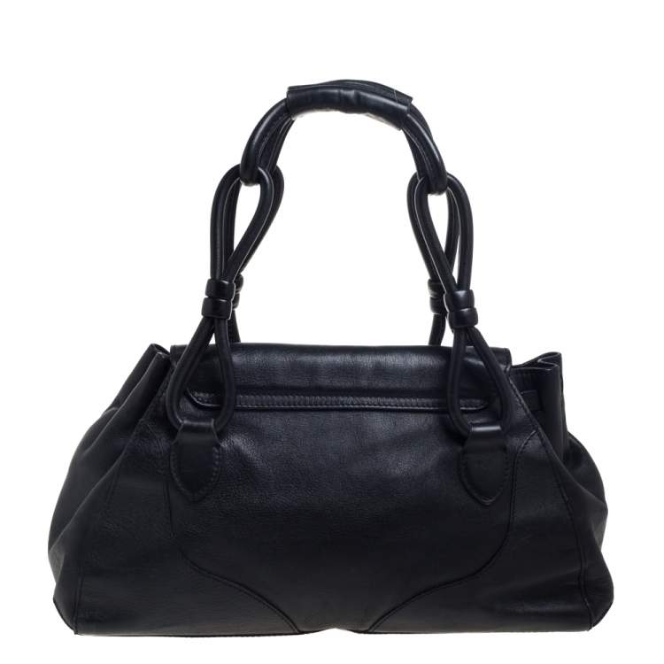 Pre Owned Aigner Black Leather Logo Buckle Flap Shoulder Bag  