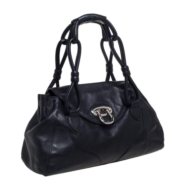 Pre Owned Aigner Black Leather Logo Buckle Flap Shoulder Bag  