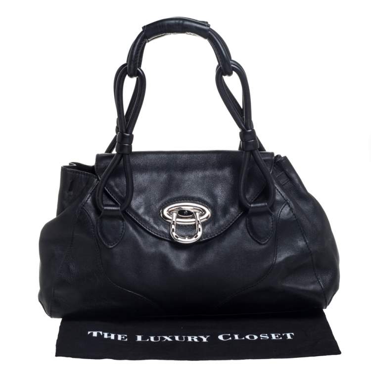 Pre Owned Aigner Black Leather Logo Buckle Flap Shoulder Bag  