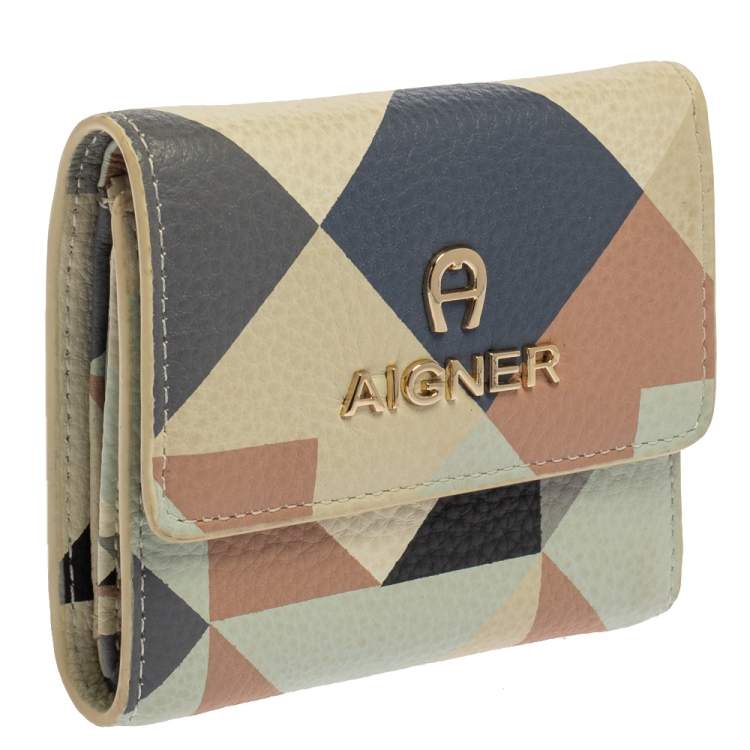 Pre Owned Aigner Multicolor Diamond Print Leather Trifold Wallet 