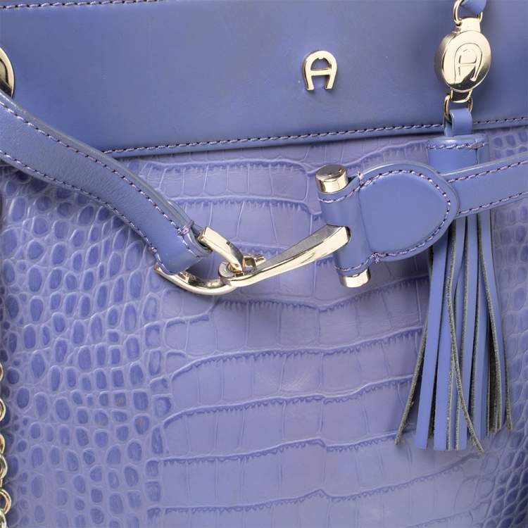 Pre Owned Aigner Lavender Crocodile Embossed Leather Limited Edition Cavallina Tote