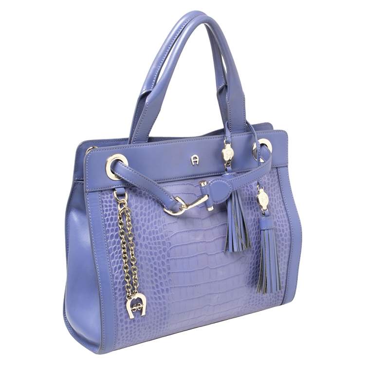 Pre Owned Aigner Lavender Crocodile Embossed Leather Limited Edition Cavallina Tote