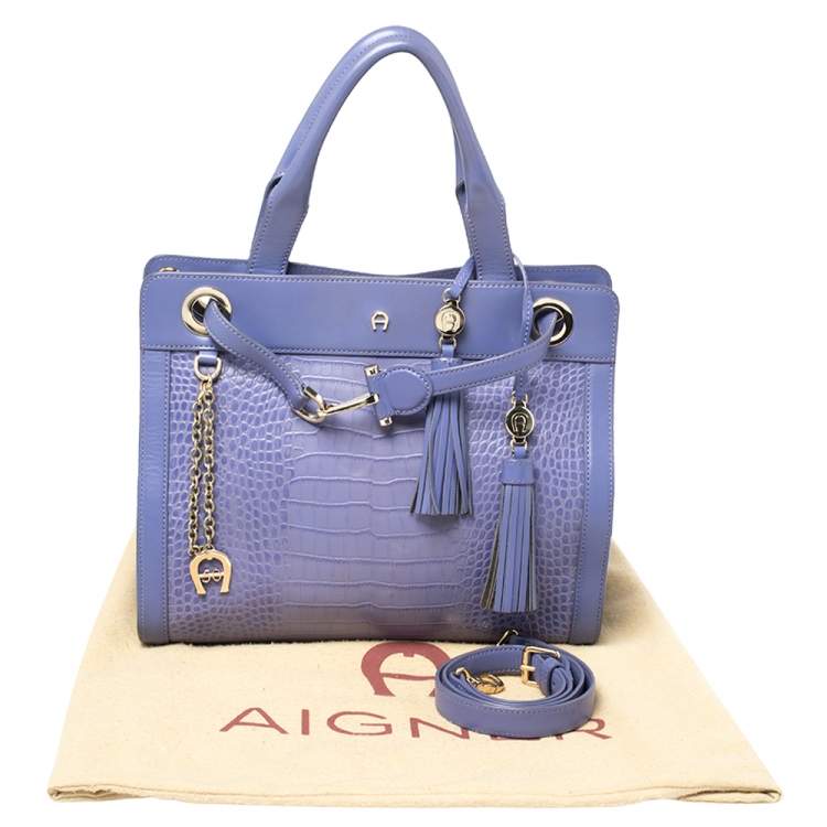 Pre Owned Aigner Lavender Crocodile Embossed Leather Limited Edition Cavallina Tote