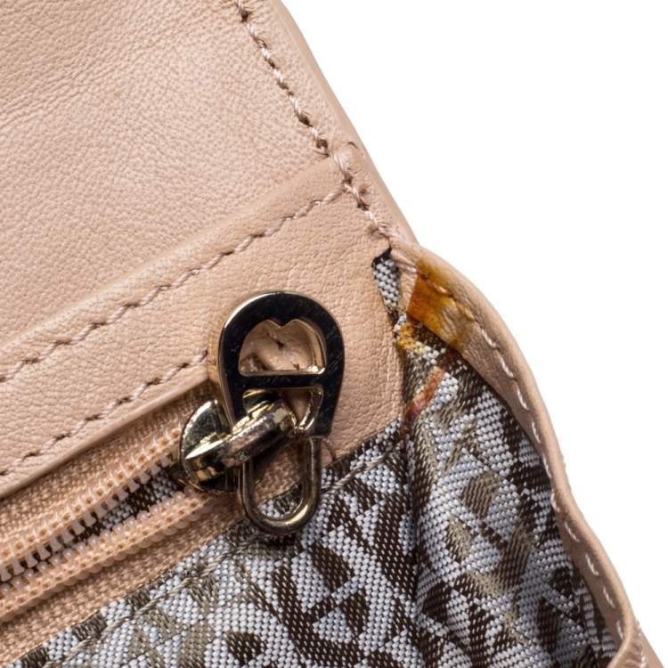 Pre Owned Aigner Beige Signature Embossed Patent Leather Flap Wristlet Wallet