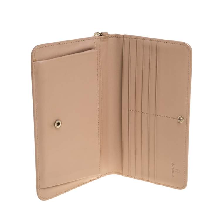 Pre Owned Aigner Beige Signature Embossed Patent Leather Flap Wristlet Wallet