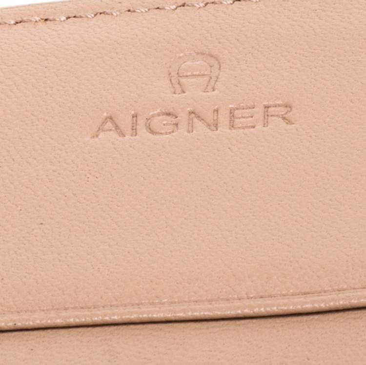 Pre Owned Aigner Beige Signature Embossed Patent Leather Flap Wristlet Wallet