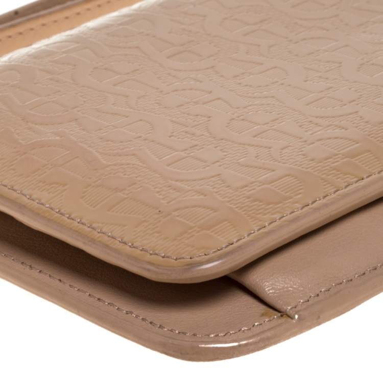Pre Owned Aigner Beige Signature Embossed Patent Leather Flap Wristlet Wallet