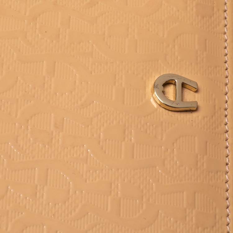 Pre Owned Aigner Beige Signature Embossed Patent Leather Flap Wristlet Wallet