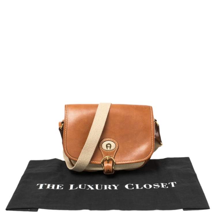 Pre Owned Aigner Brown/Beige Canvas and Leather Logo Flap Crossbody Bag
