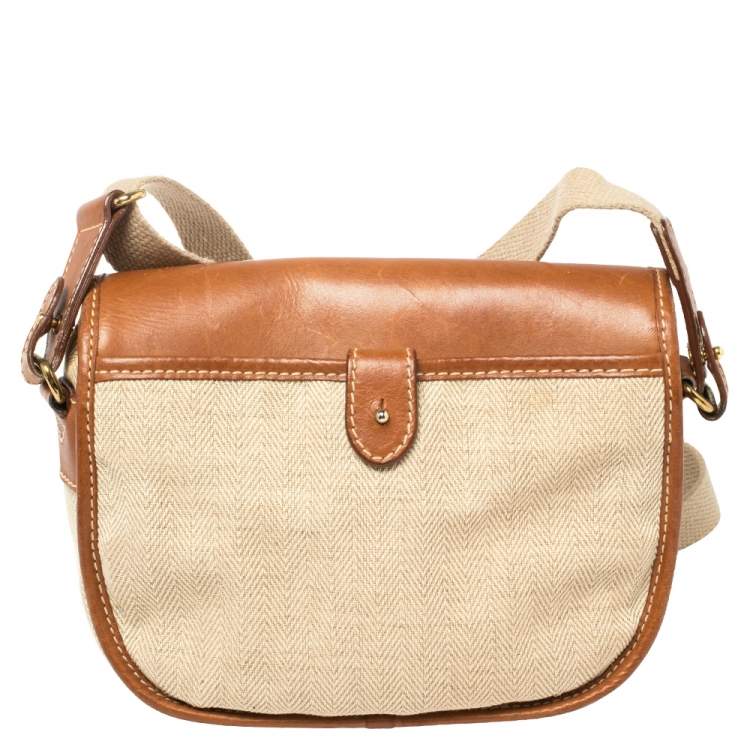 Pre Owned Aigner Brown/Beige Canvas and Leather Logo Flap Crossbody Bag