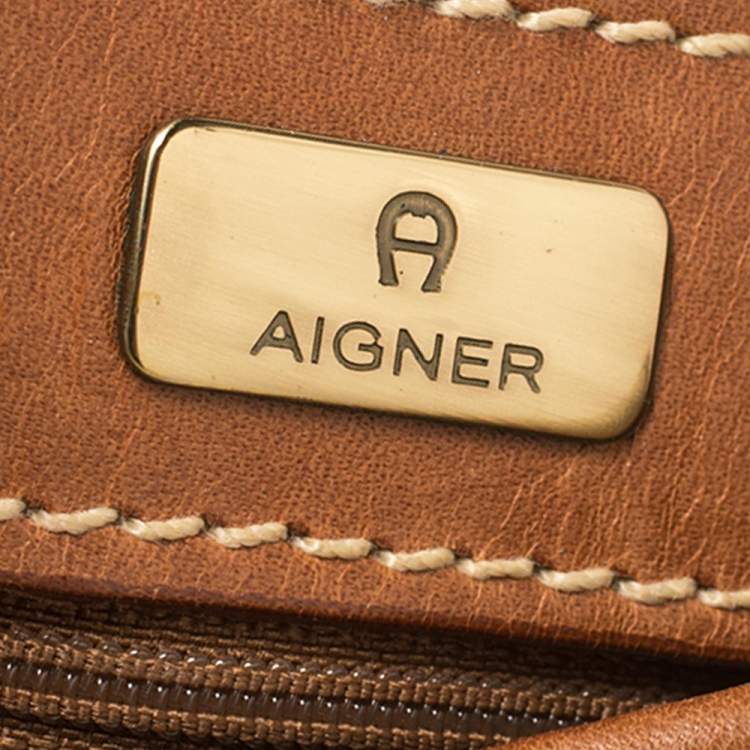Pre Owned Aigner Brown/Beige Canvas and Leather Logo Flap Crossbody Bag