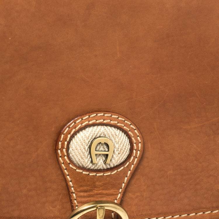 Pre Owned Aigner Brown/Beige Canvas and Leather Logo Flap Crossbody Bag