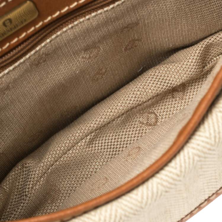 Pre Owned Aigner Brown/Beige Canvas and Leather Logo Flap Crossbody Bag