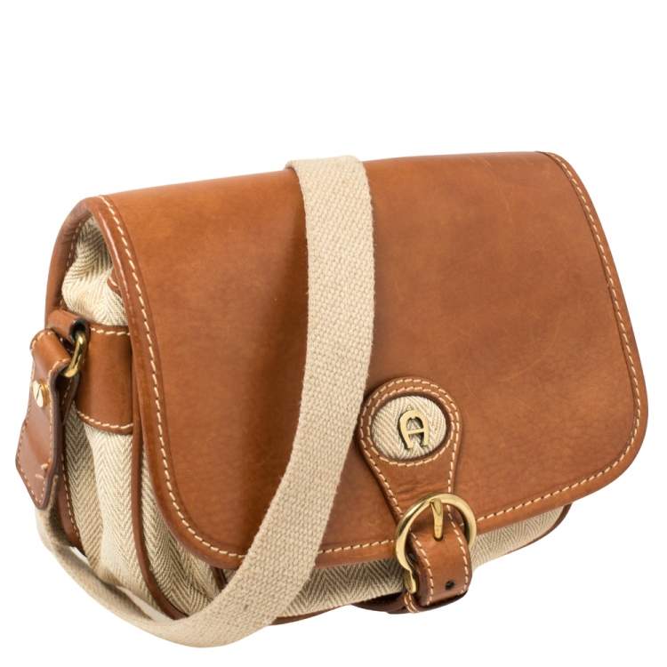 Pre Owned Aigner Brown/Beige Canvas and Leather Logo Flap Crossbody Bag