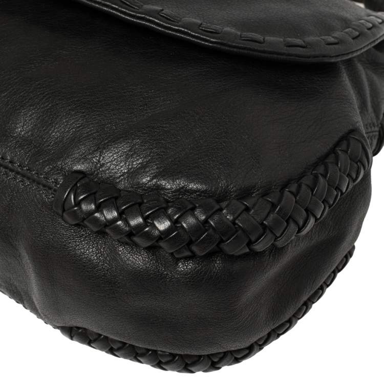 Pre Owned Aigner Black Leather Braided Flap Hobo