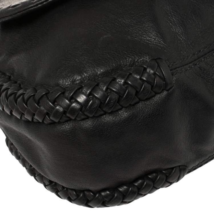 Pre Owned Aigner Black Leather Braided Flap Hobo