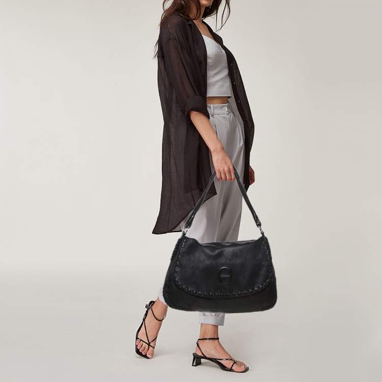 Pre Owned Aigner Black Leather Braided Flap Hobo