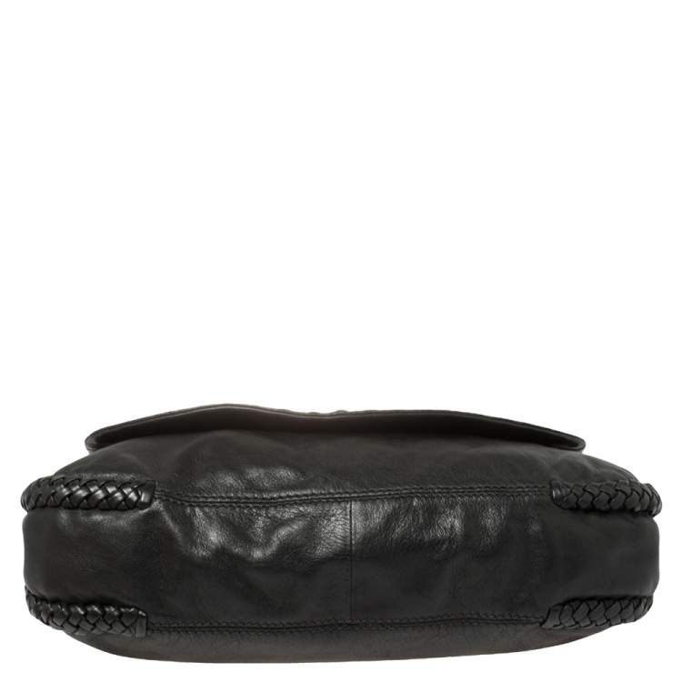 Pre Owned Aigner Black Leather Braided Flap Hobo