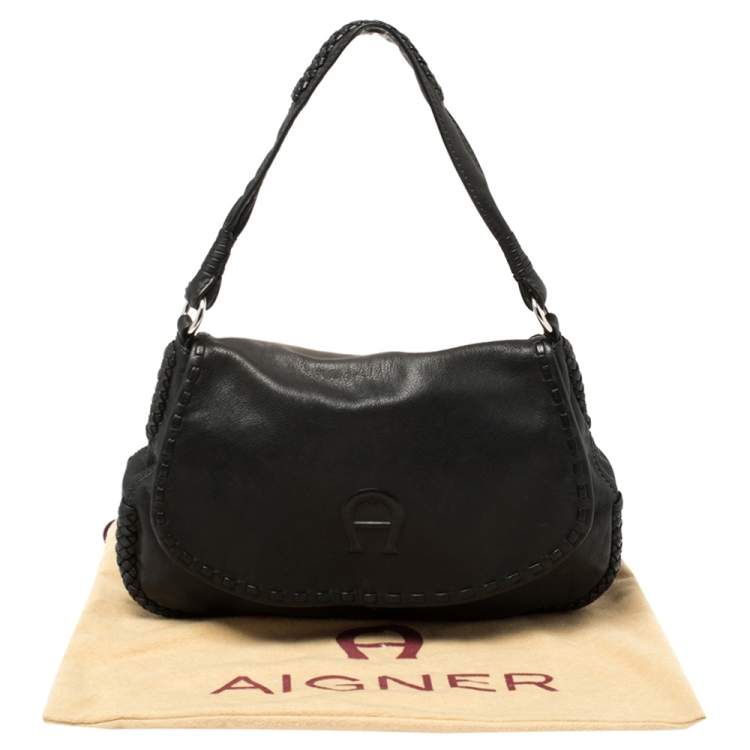 Pre Owned Aigner Black Leather Braided Flap Hobo
