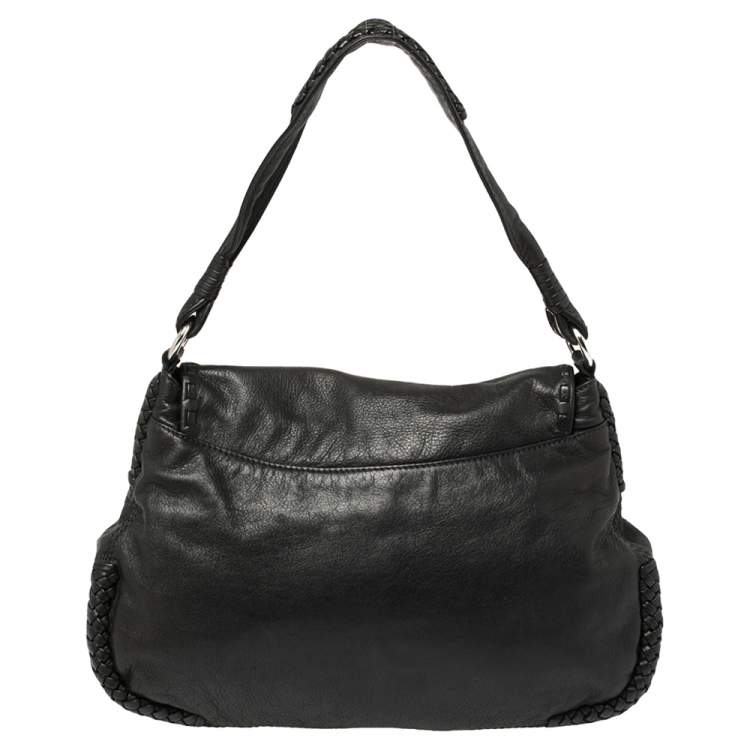 Pre Owned Aigner Black Leather Braided Flap Hobo