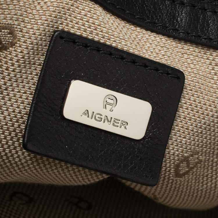 Pre Owned Aigner Black Leather Braided Flap Hobo