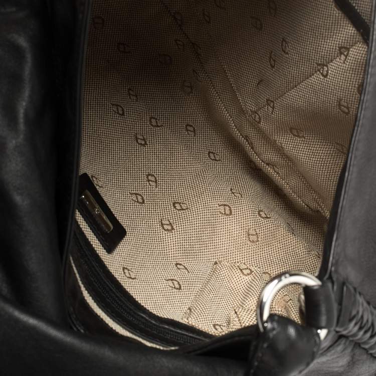 Pre Owned Aigner Black Leather Braided Flap Hobo