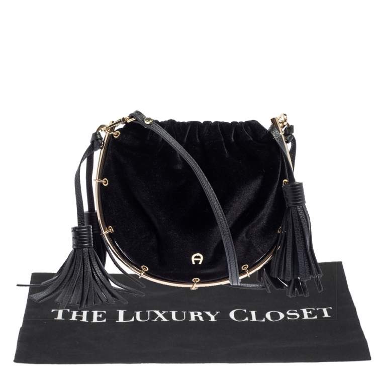 Pre Owned Aigner Black Velvet Tassel Crossbody Bag