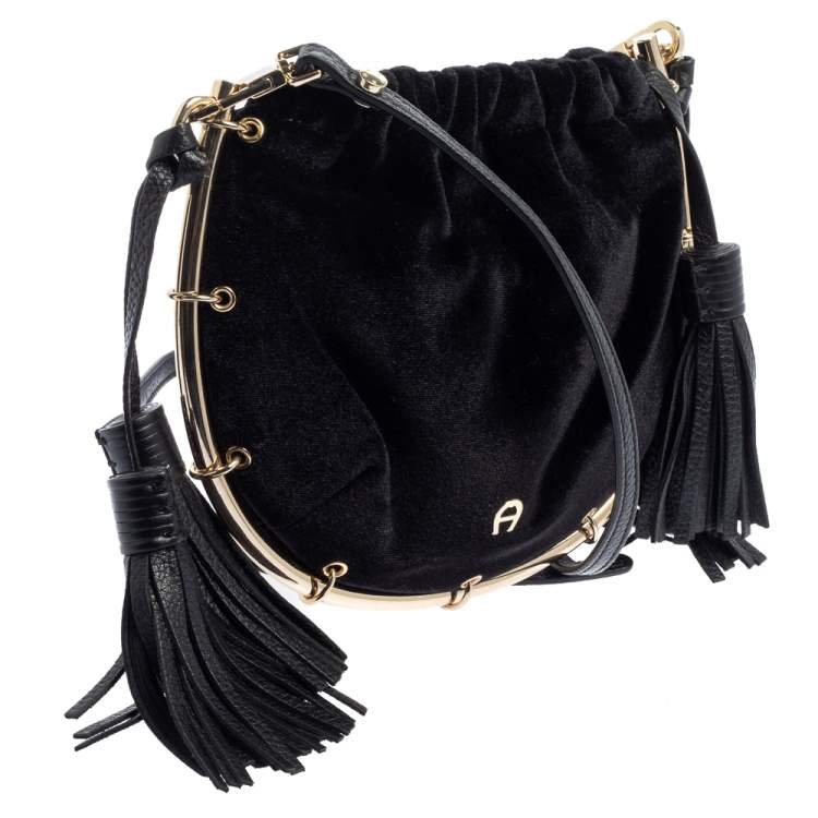 Pre Owned Aigner Black Velvet Tassel Crossbody Bag