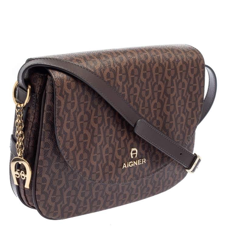 Pre Owned Aigner Brown Signature Coated Canvas Flap Crossbody Bag