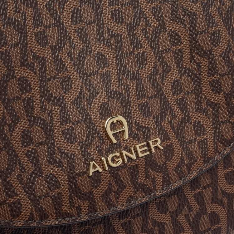Pre Owned Aigner Brown Signature Coated Canvas Flap Crossbody Bag