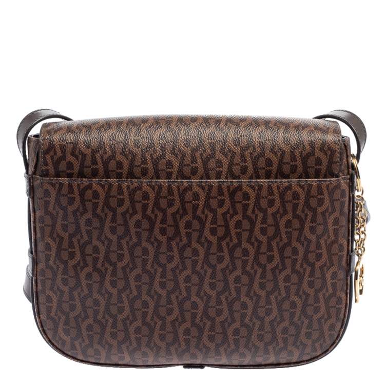 Pre Owned Aigner Brown Signature Coated Canvas Flap Crossbody Bag