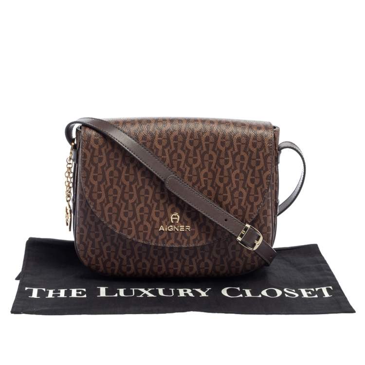 Pre Owned Aigner Brown Signature Coated Canvas Flap Crossbody Bag